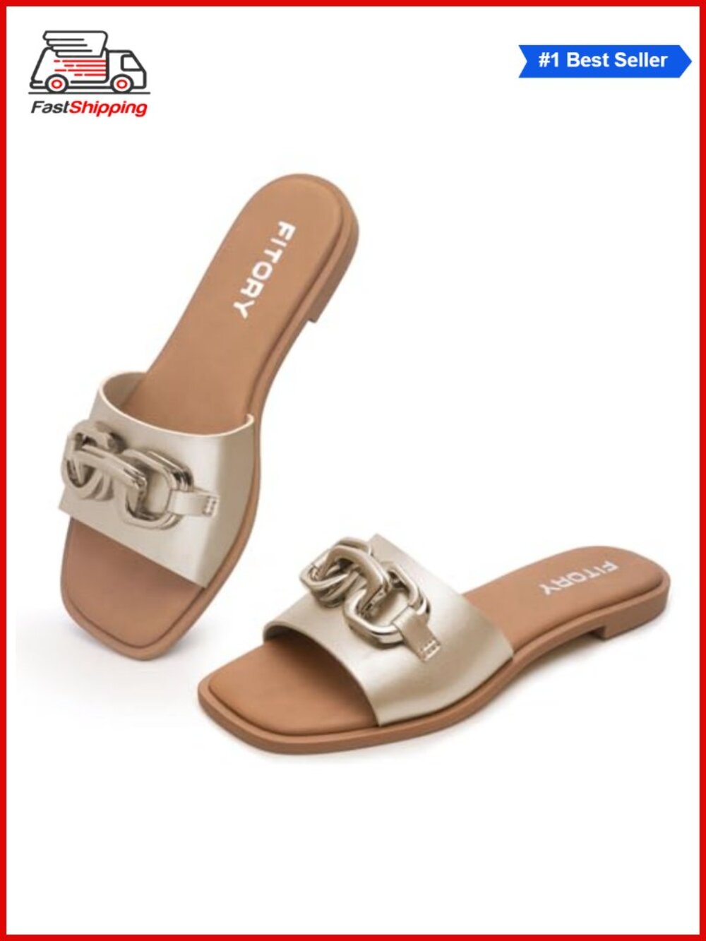 ✨ FITORY Women's Slide Sandals Gold Buckle Soft Cushioned Insole Open Toe Faux